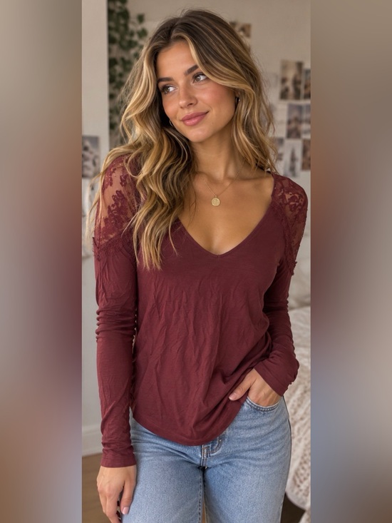 American Eagle Outfitters Tops - American Eagle Soft & Sexy Burgundy Floral Lace Shoulder V Neck Top XS